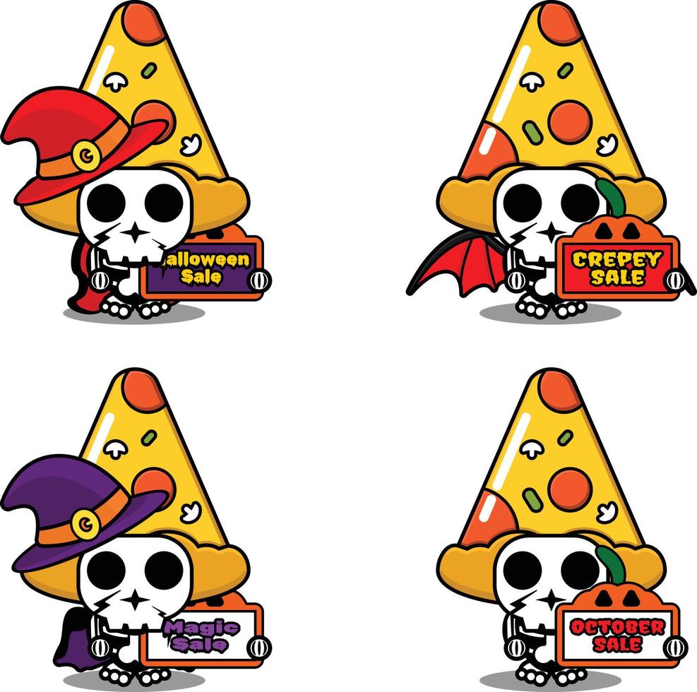 vetor personagem de desenho animado traje de mascote osso pizza comida segurando venda placa de halloween