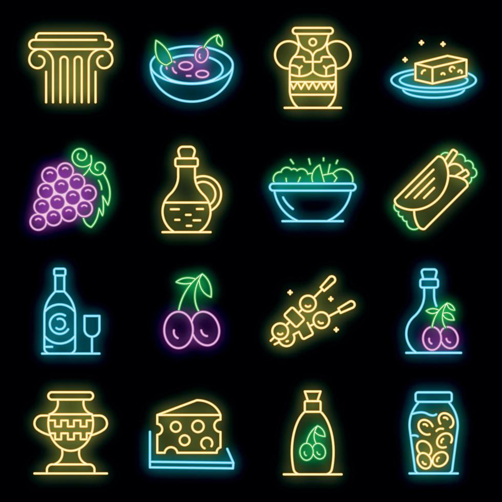 conjunto de ícones da cozinha grega vector neon