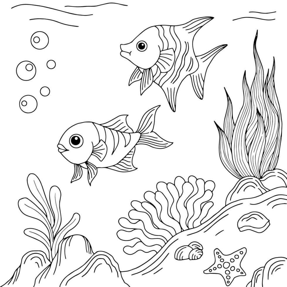 desenho vetorial de peixe sob o mar para colorir para criança vetor