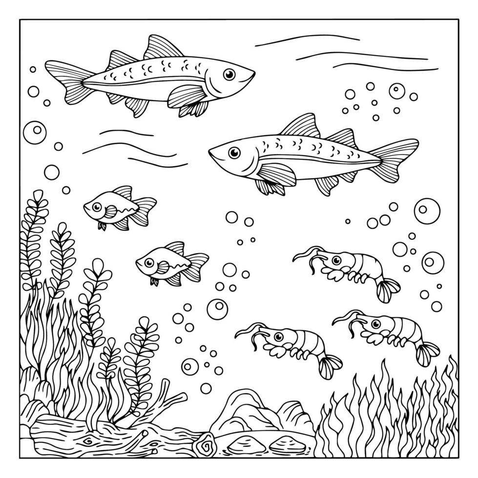 desenho vetorial de peixe sob o mar para colorir para criança vetor