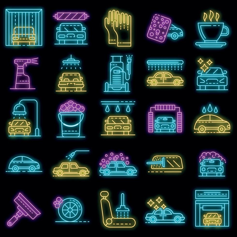 conjunto de ícones de lavagem de carros vetor neon