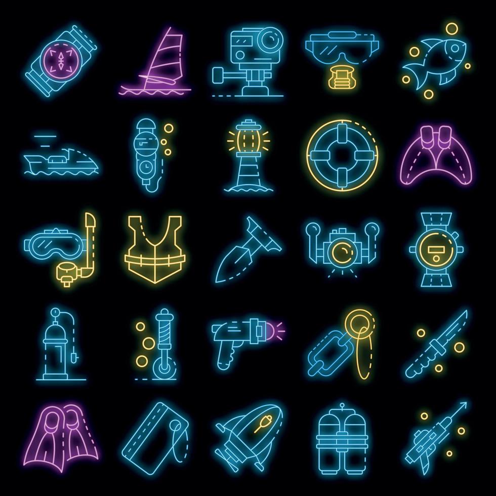 conjunto de ícones de equipamento de mergulho neon vector