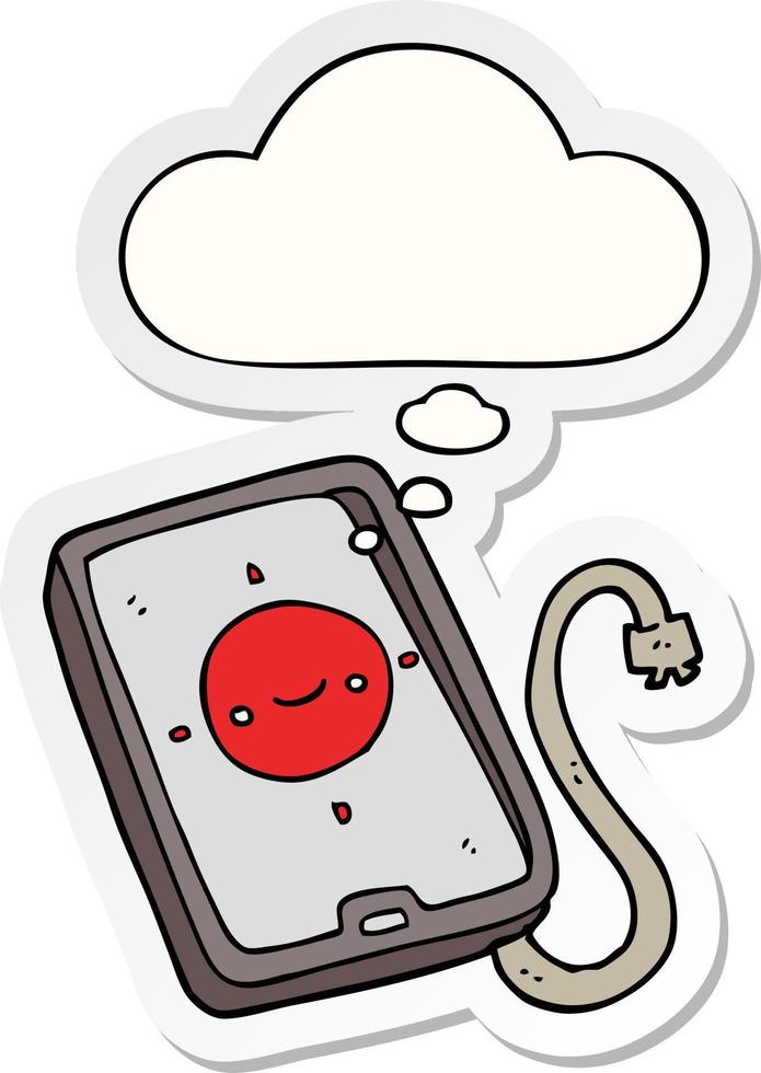 dispositivo de telefone móvel de desenho animado e balão de pensamento como um adesivo impresso vetor