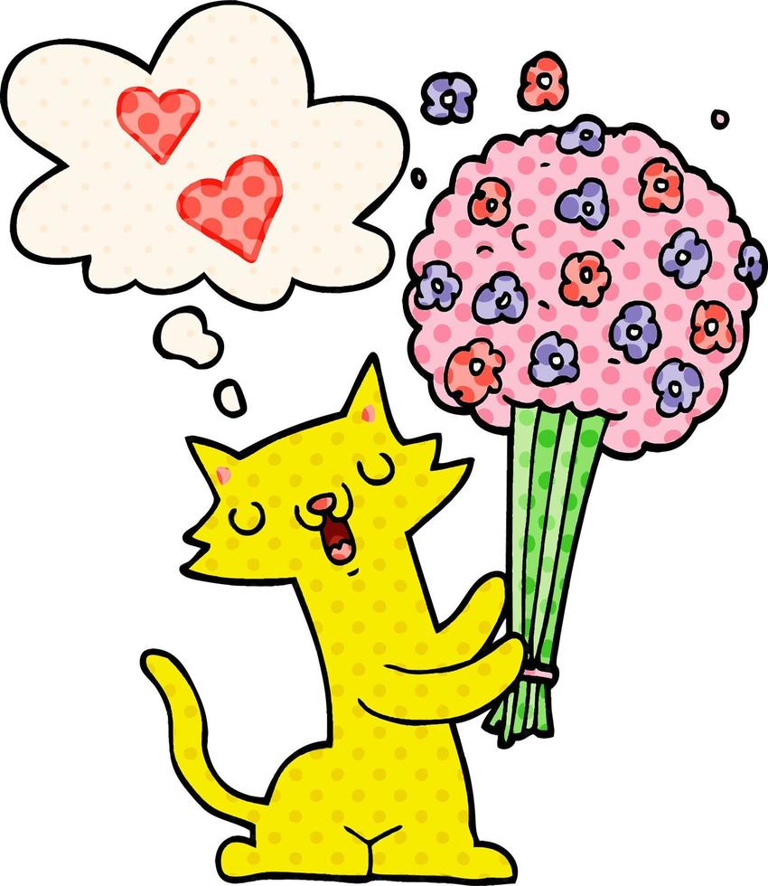 gato de desenho animado apaixonado por flores e balão de pensamento no estilo de quadrinhos vetor