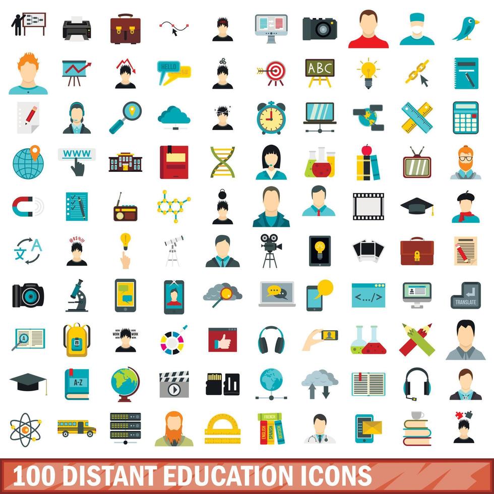 Conjunto de 100 ícones de educação distante, estilo simples vetor