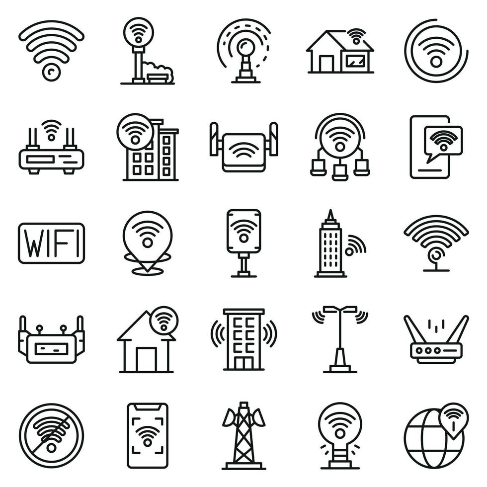 conjunto de ícones de zona wifi, estilo de estrutura de tópicos vetor