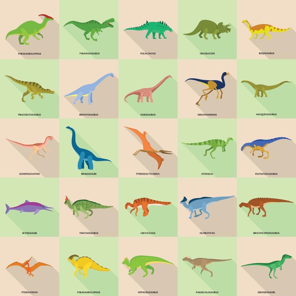 tipos de dinossauros assinados conjunto de ícones de nome, estilo simples vetor