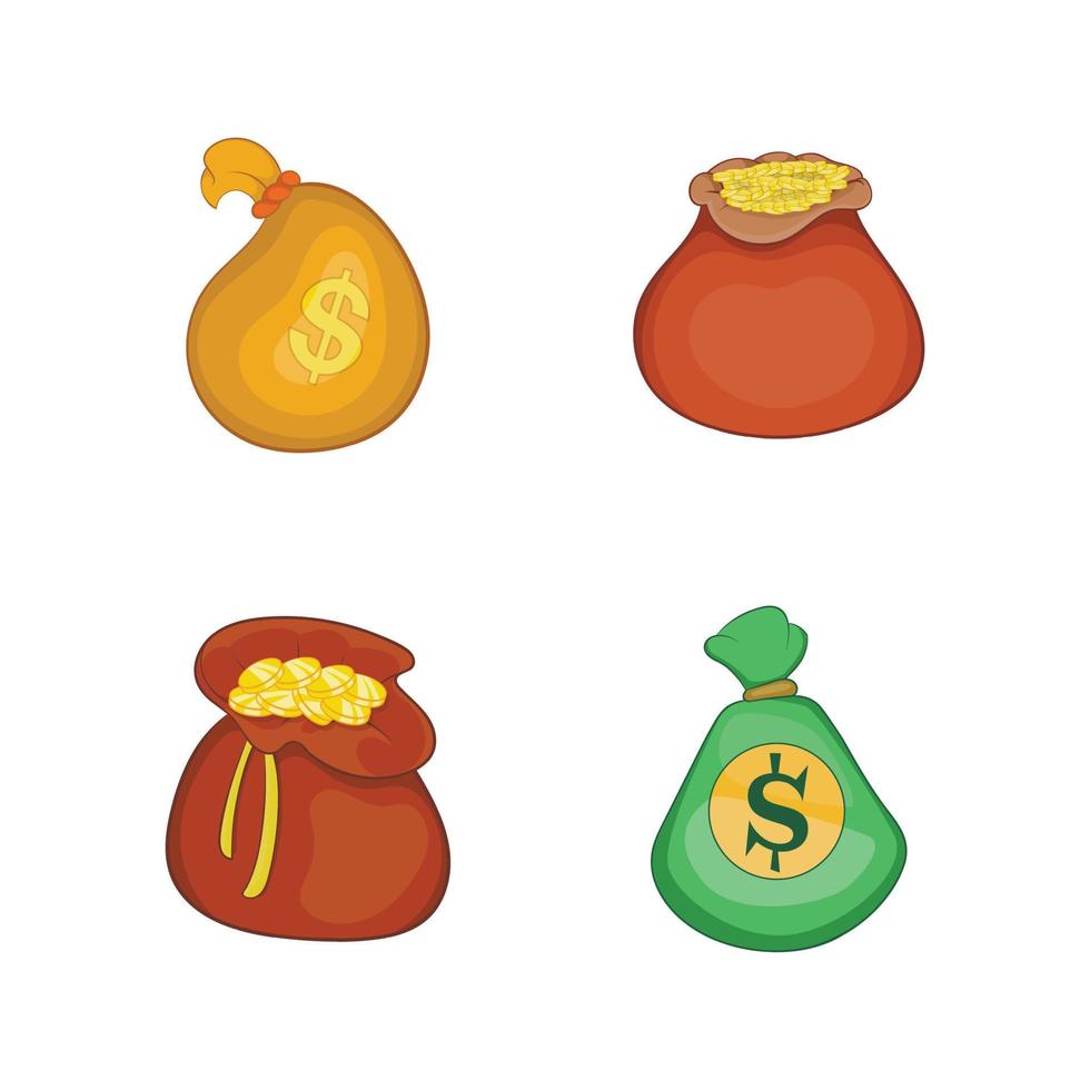 conjunto de ícones de saco de dinheiro, estilo cartoon vetor