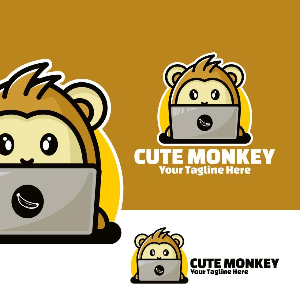 macaco de logotipo fofo com ilustração de arte de laptop vetor