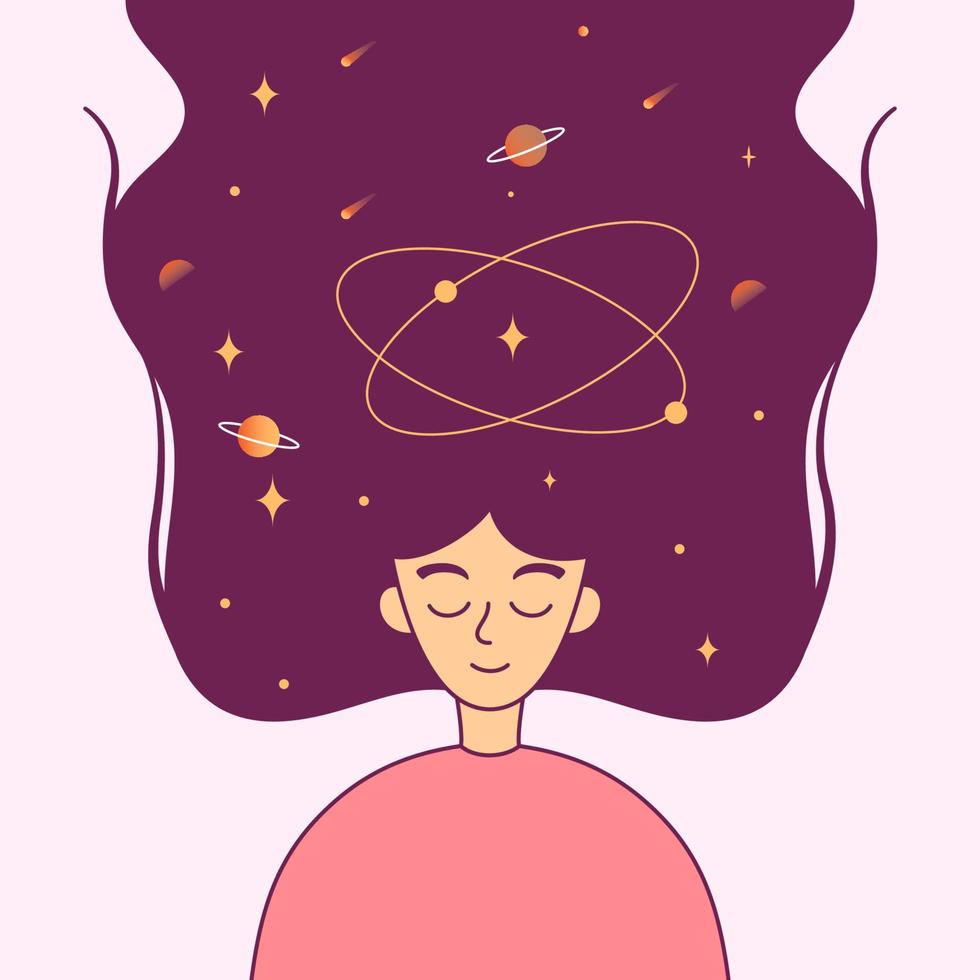 mulher meditando com a mente do universo, espaço no cabelo, meditação mindfulness sonhando ilustração vetor