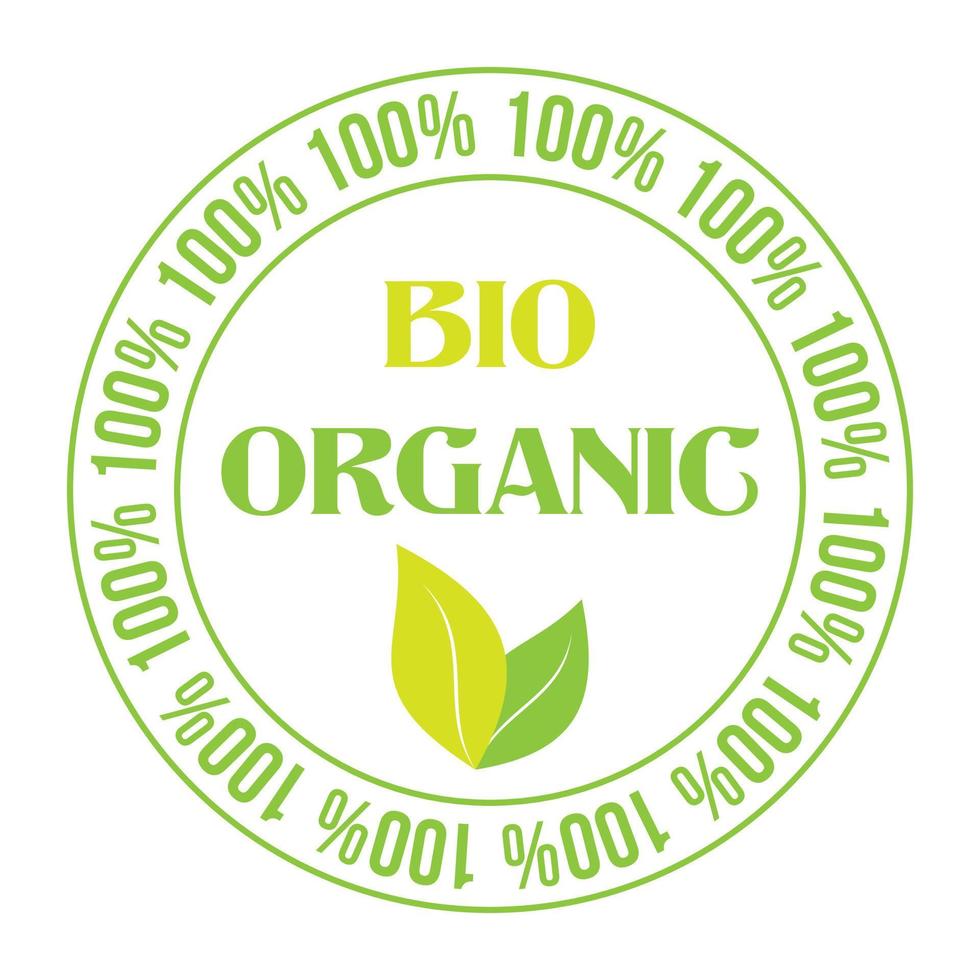 100 por cento bio sinal de vetor orgânico. distintivo de rótulo de alimentos orgânicos vegetarianos com folha. símbolo vegan natural verde
