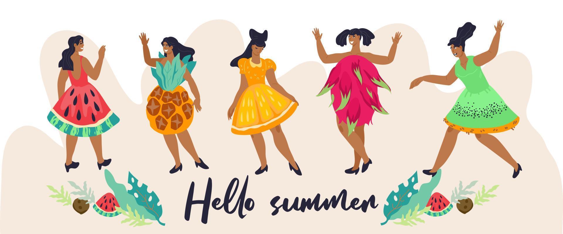 design de fundo de banner de verão com personagens de mulheres em trajes de frutas tropicais. festa na praia e elementos de bar de coquetéis. cartaz de férias de férias. vetor