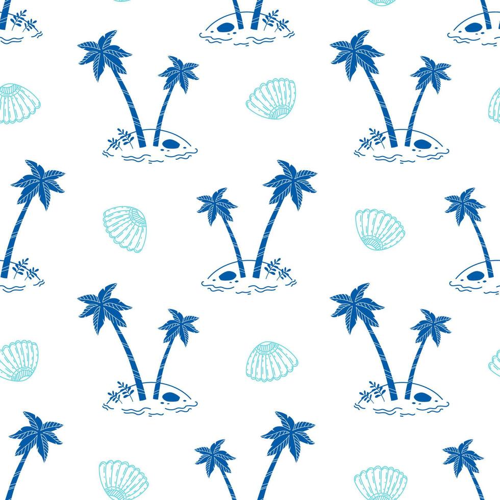 impressão de verão bonito com palmeiras tropicais e silhuetas de conchas vetor