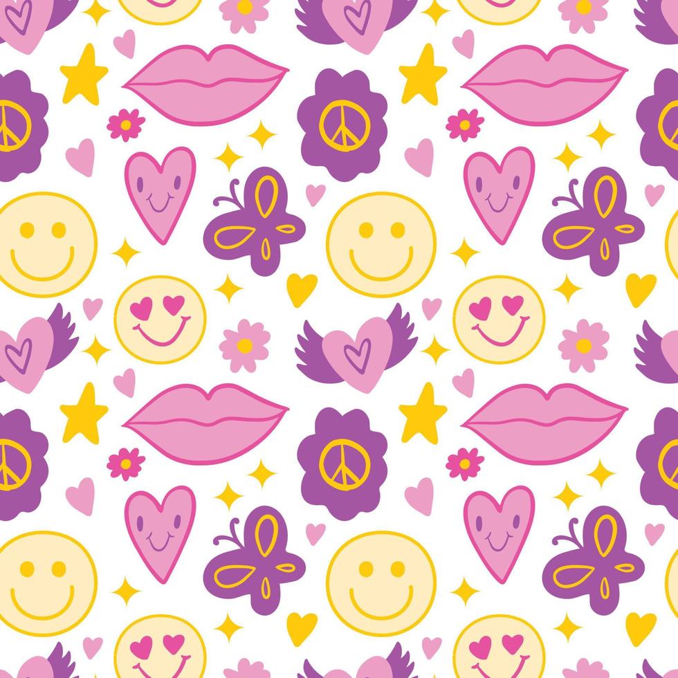 groovy sem costura de fundo vector com flores hippie retrô e corações. repita o papel de parede de textura, design têxtil, impressão.