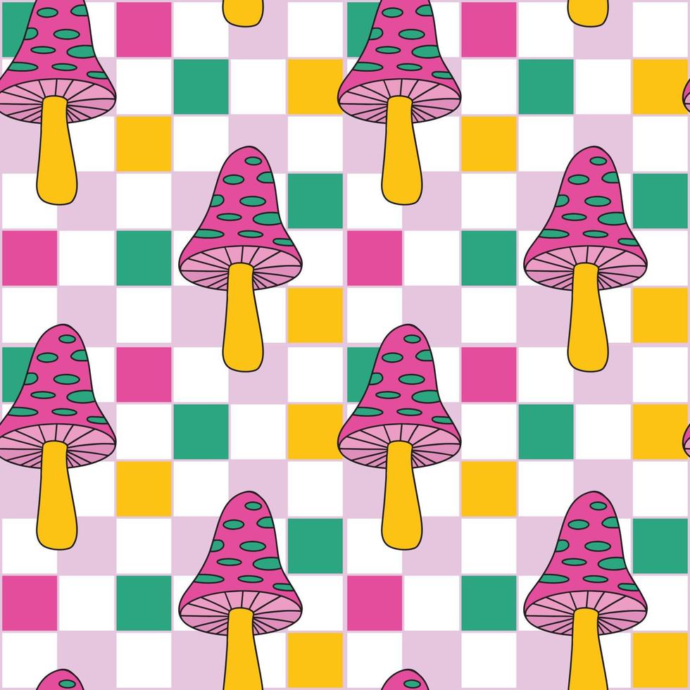 padrão sem emenda de grade xadrez groovy com cogumelo amanita manchado psicodélico trippy colorido. sem costura de fundo vector. design de textura de repetição brilhante hippie retrô vetor