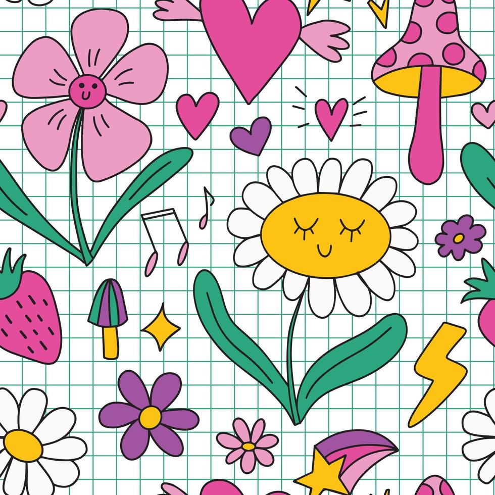 conjunto de elementos de clip-art doodle. delineou elementos de design colorido brilhante - flor margarida sorridente, corações, morango, estrelas. coleção de clipes de vetor colorido retrô fofo