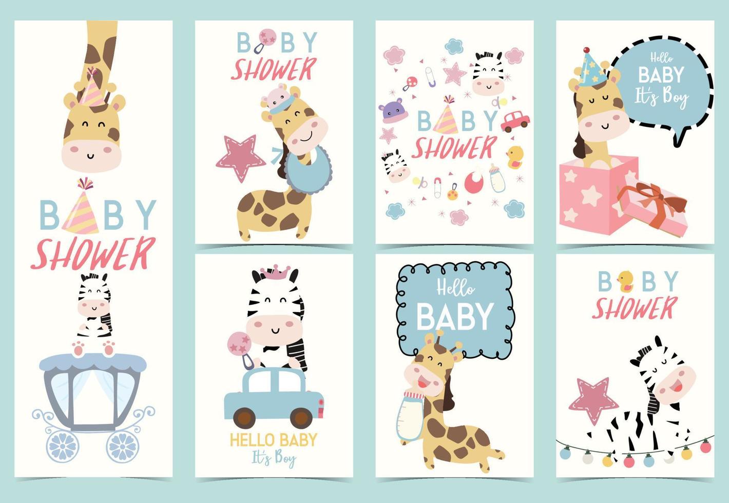 coleção de chá de bebê com zebra, girafa, chapéu, estrela, carro e pato vetor