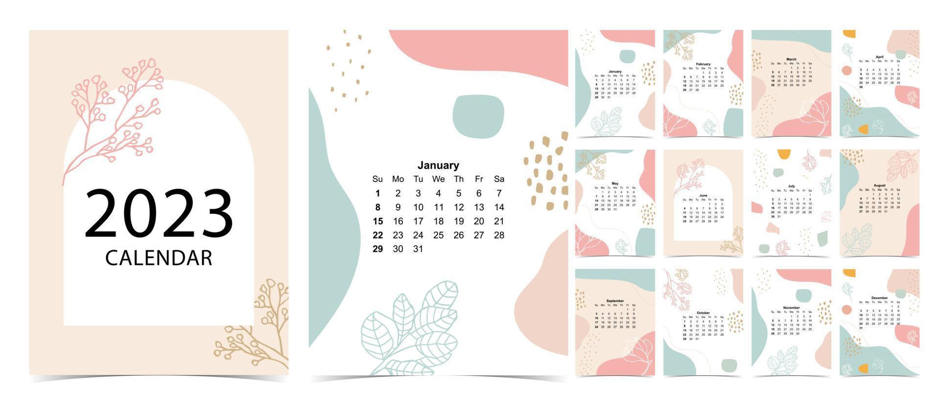 A semana do calendário de mesa 2023 começa no domingo com cores e flores que usam para tamanho a4 a5 digital e imprimível vertical vetor