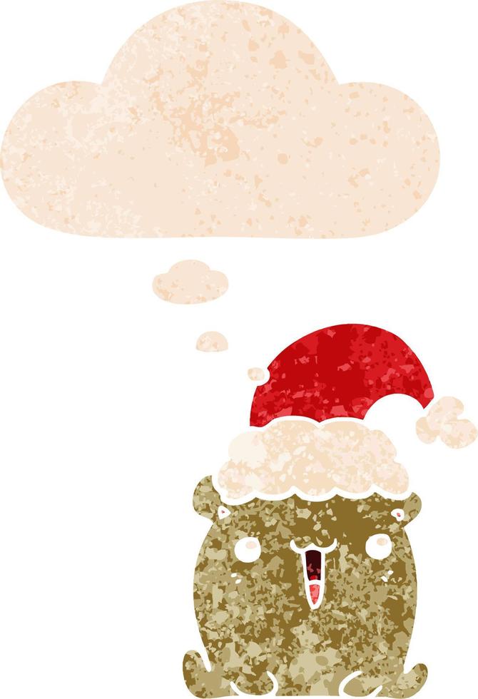 urso bonito dos desenhos animados com chapéu de natal e balão de pensamento em estilo retrô-texturizado vetor