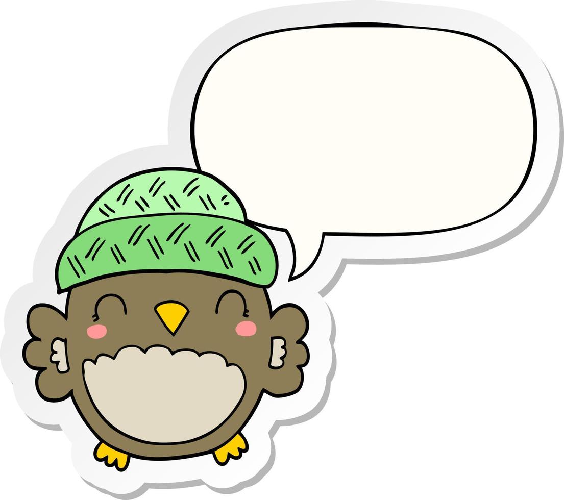 coruja de desenho animado bonito no chapéu e adesivo de bolha de fala vetor