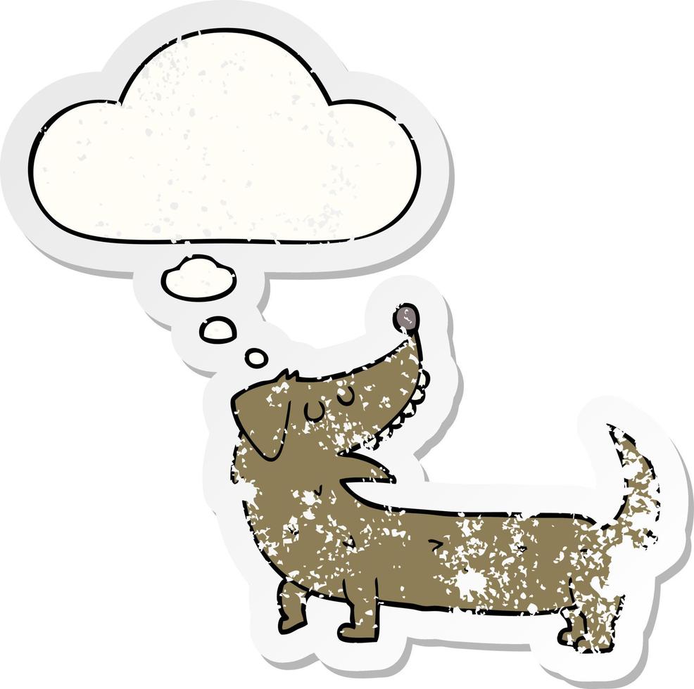 cão de desenho animado e balão de pensamento como um adesivo desgastado vetor