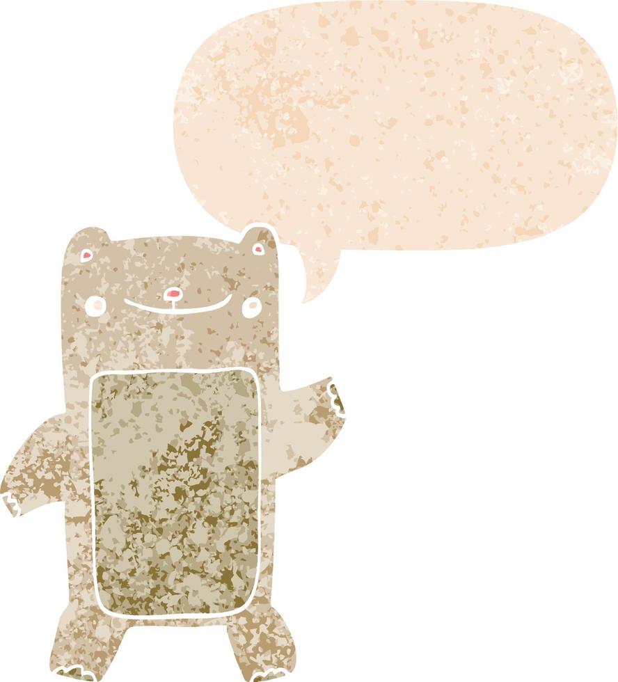 ursinho de desenho animado e bolha de fala em estilo retrô texturizado vetor
