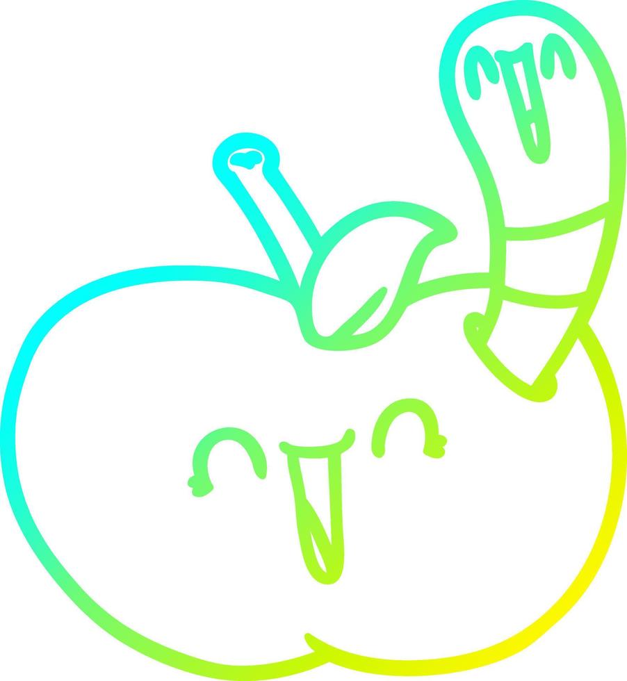 linha de gradiente frio desenhando verme de desenho animado em maçã feliz vetor