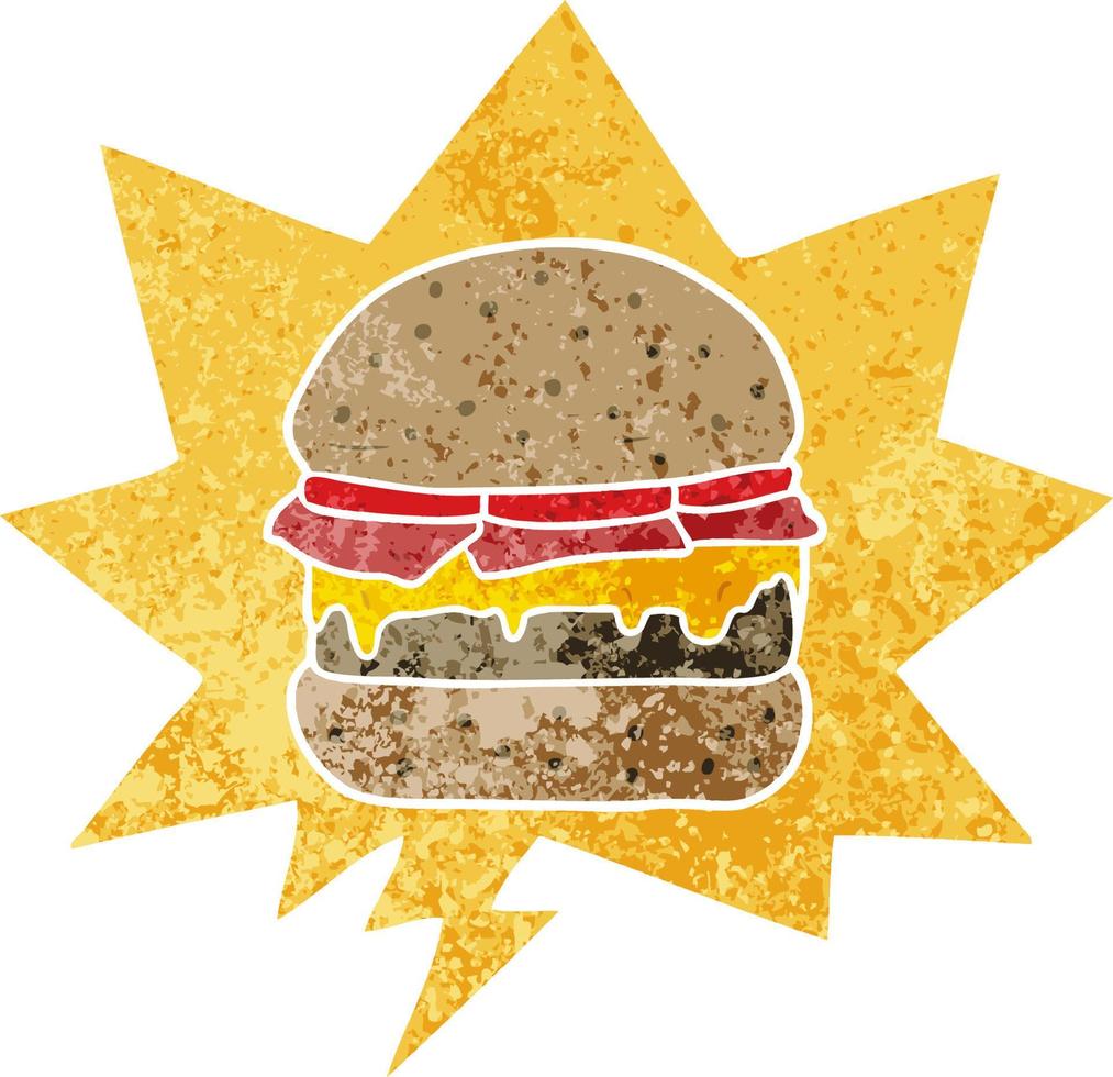 hambúrguer de desenho animado e bolha de fala em estilo retrô texturizado vetor