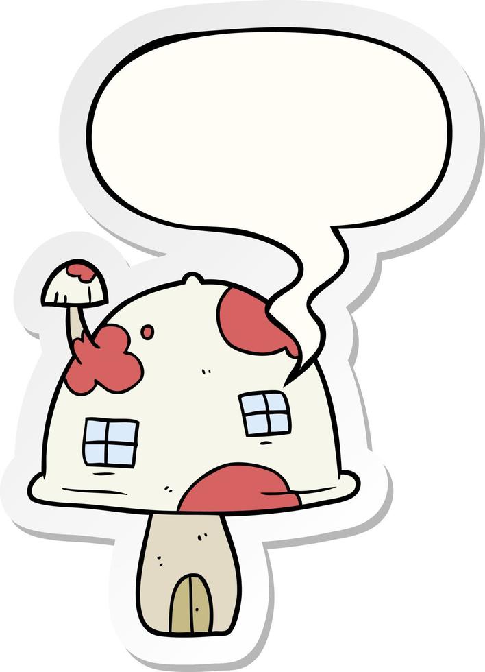 casa de cogumelo de fada dos desenhos animados e adesivo de bolha de fala vetor