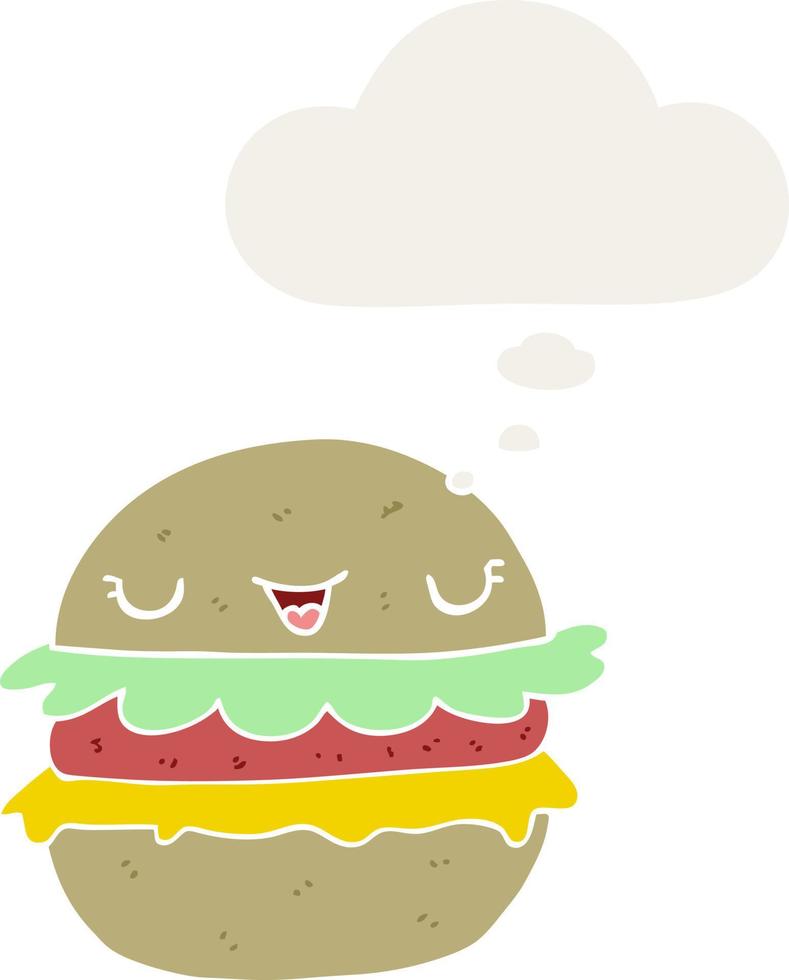 hambúrguer de desenho animado e balão de pensamento em estilo retrô vetor