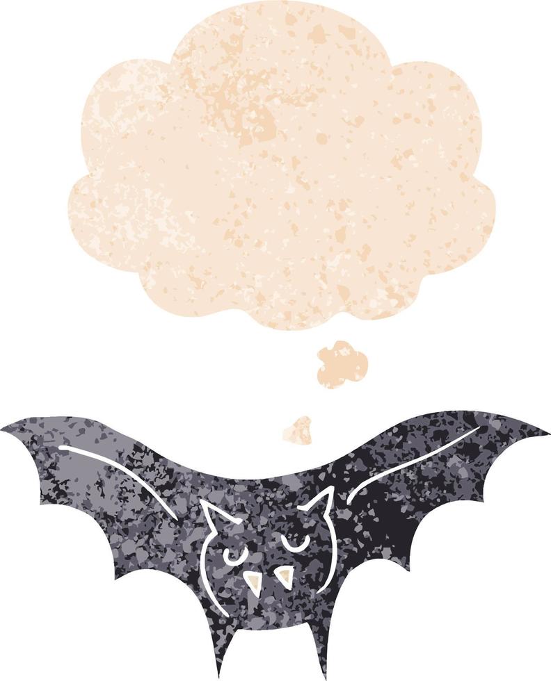 morcego vampiro de desenho animado e balão de pensamento em estilo retrô texturizado vetor