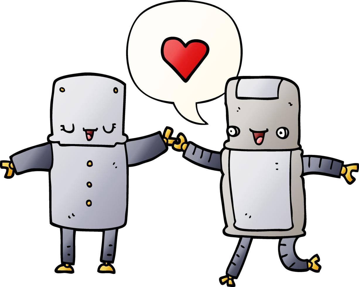 robôs de desenho animado apaixonados e bolha de fala no estilo de gradiente suave vetor