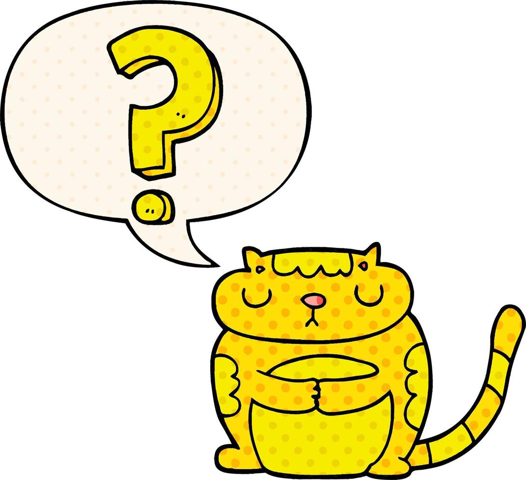 gato de desenho animado e ponto de interrogação e bolha de fala no estilo de quadrinhos vetor