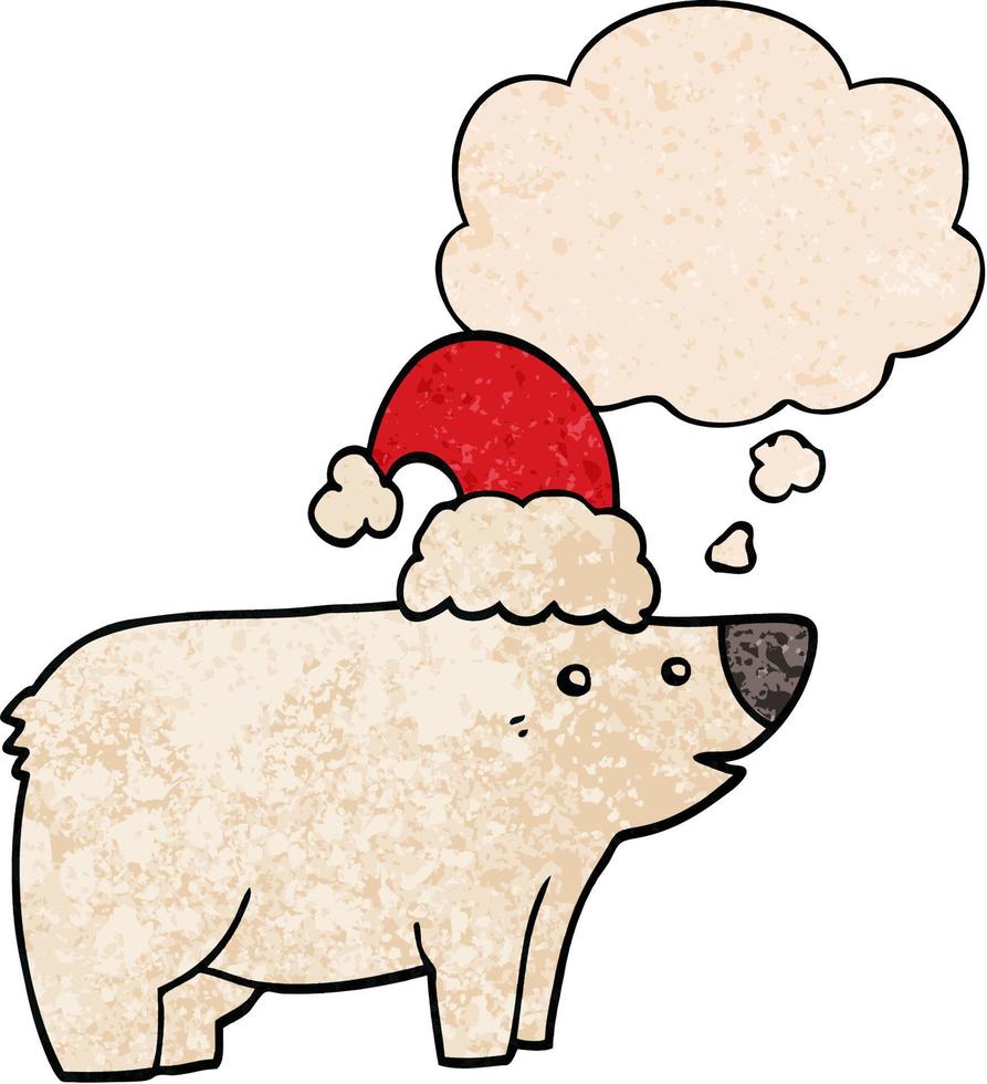 urso de desenho animado usando chapéu de natal e balão de pensamento no estilo de padrão de textura grunge vetor