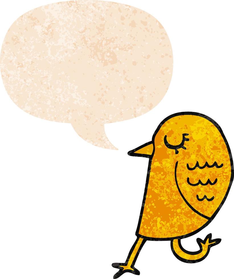 pássaro de desenho animado e bolha de fala em estilo retrô texturizado vetor