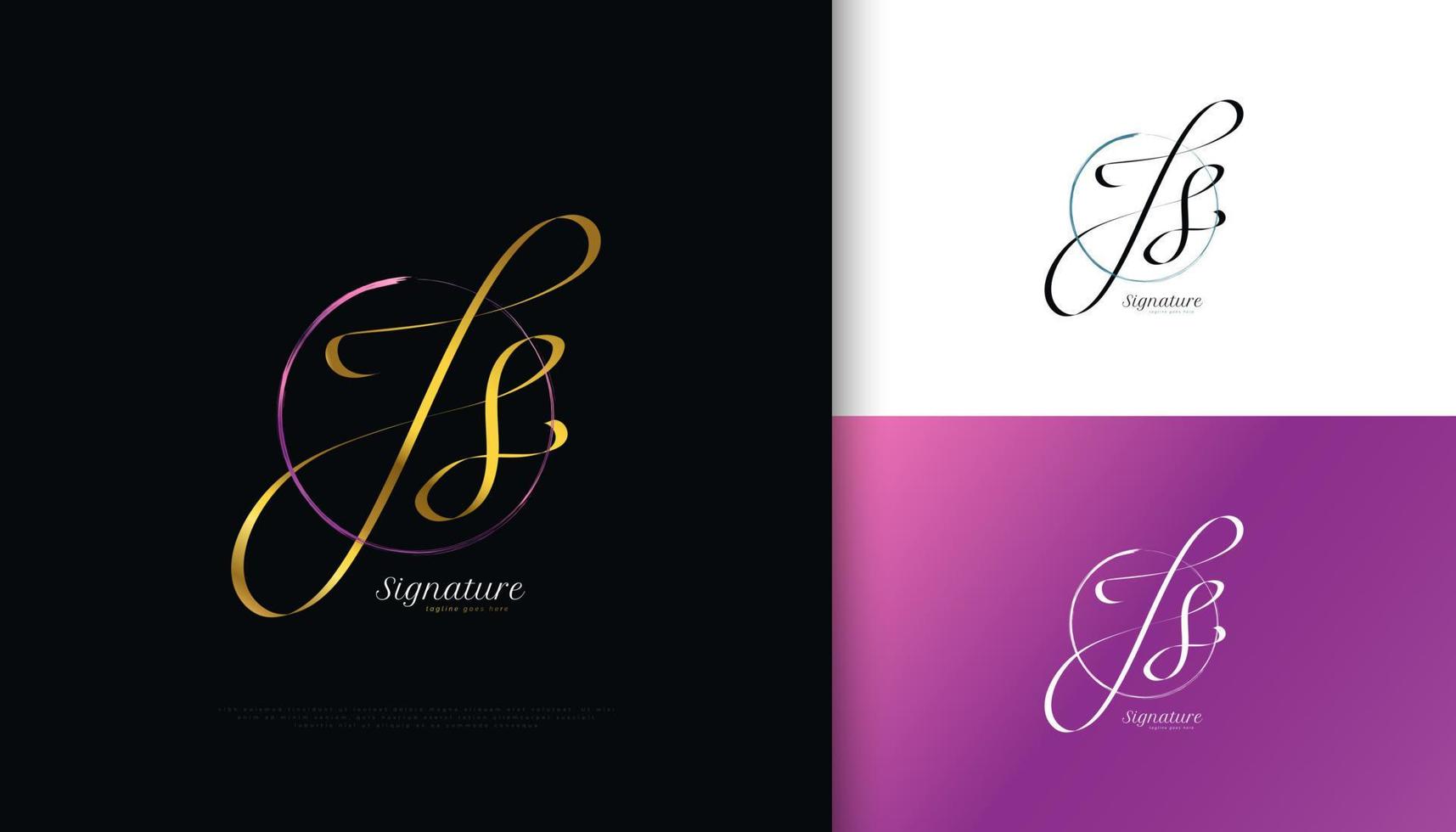 js design de logotipo de assinatura inicial com estilo elegante de caligrafia dourada. design de logotipo inicial j e s para identidade de marca de casamento, moda, joias, boutique e negócios vetor