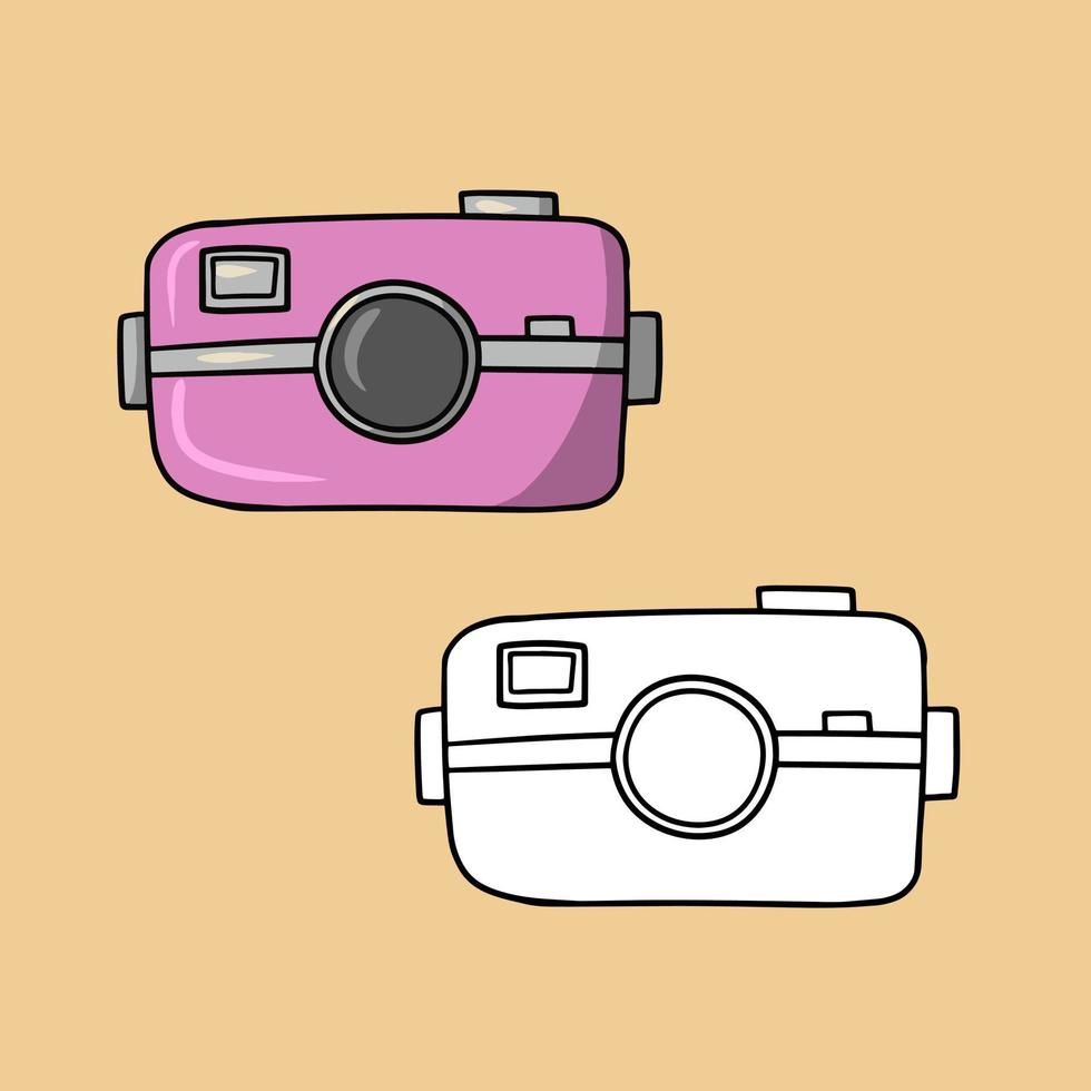 conjunto de fotos, câmera rosa com lente, para viagens, ilustração vetorial de desenho animado em um fundo colorido vetor