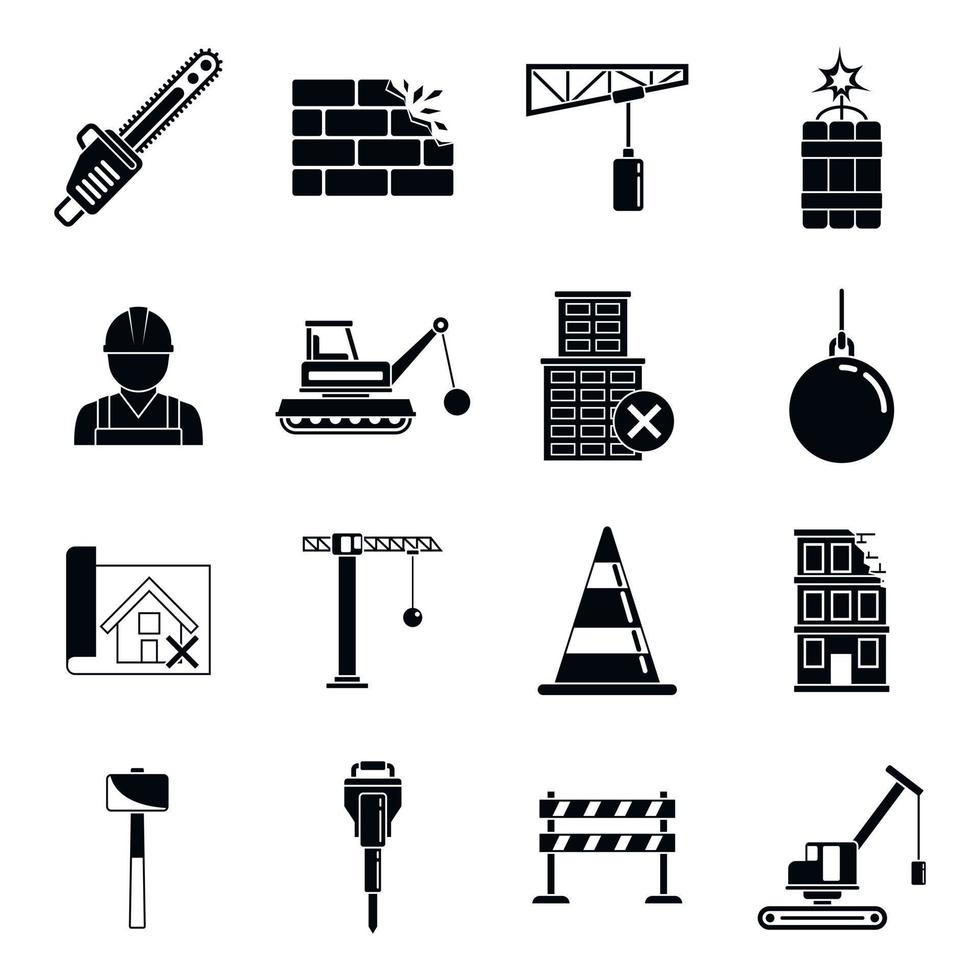 conjunto de ícones de trabalho de demolição pesada, estilo simples vetor