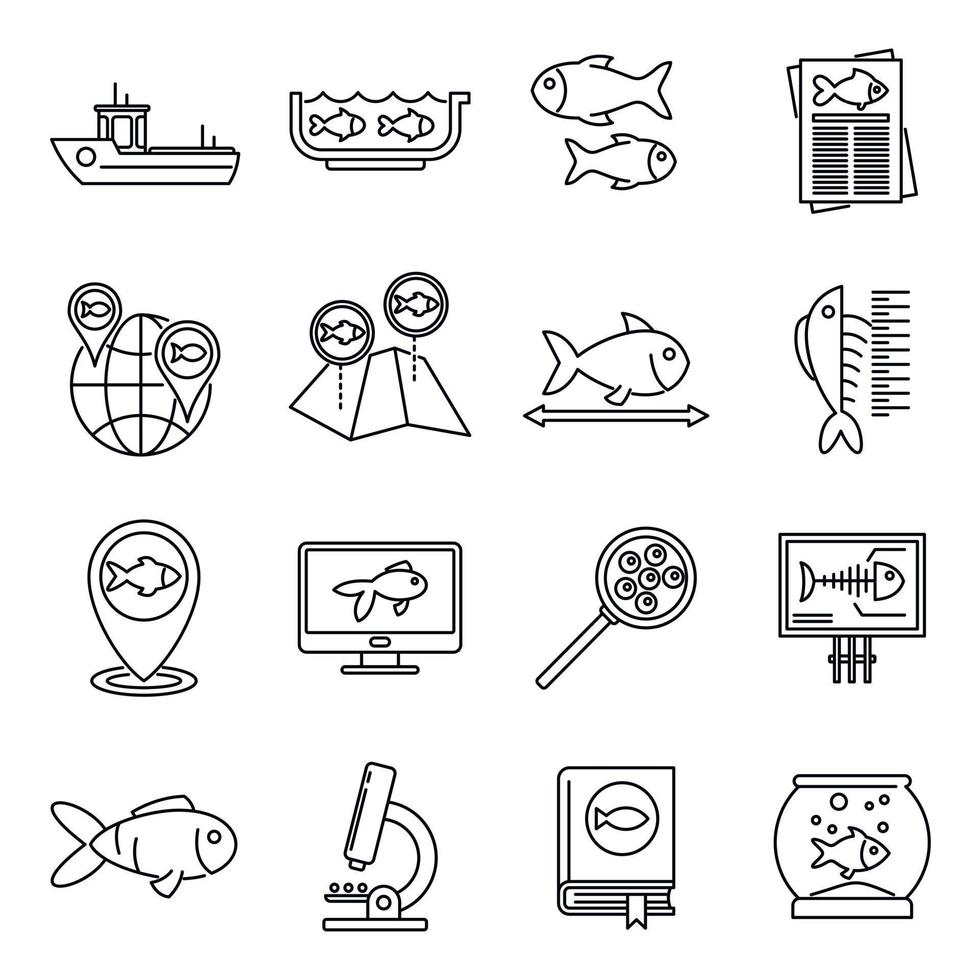 conjunto de ícones de peixes de ictiologia, estilo de estrutura de tópicos vetor