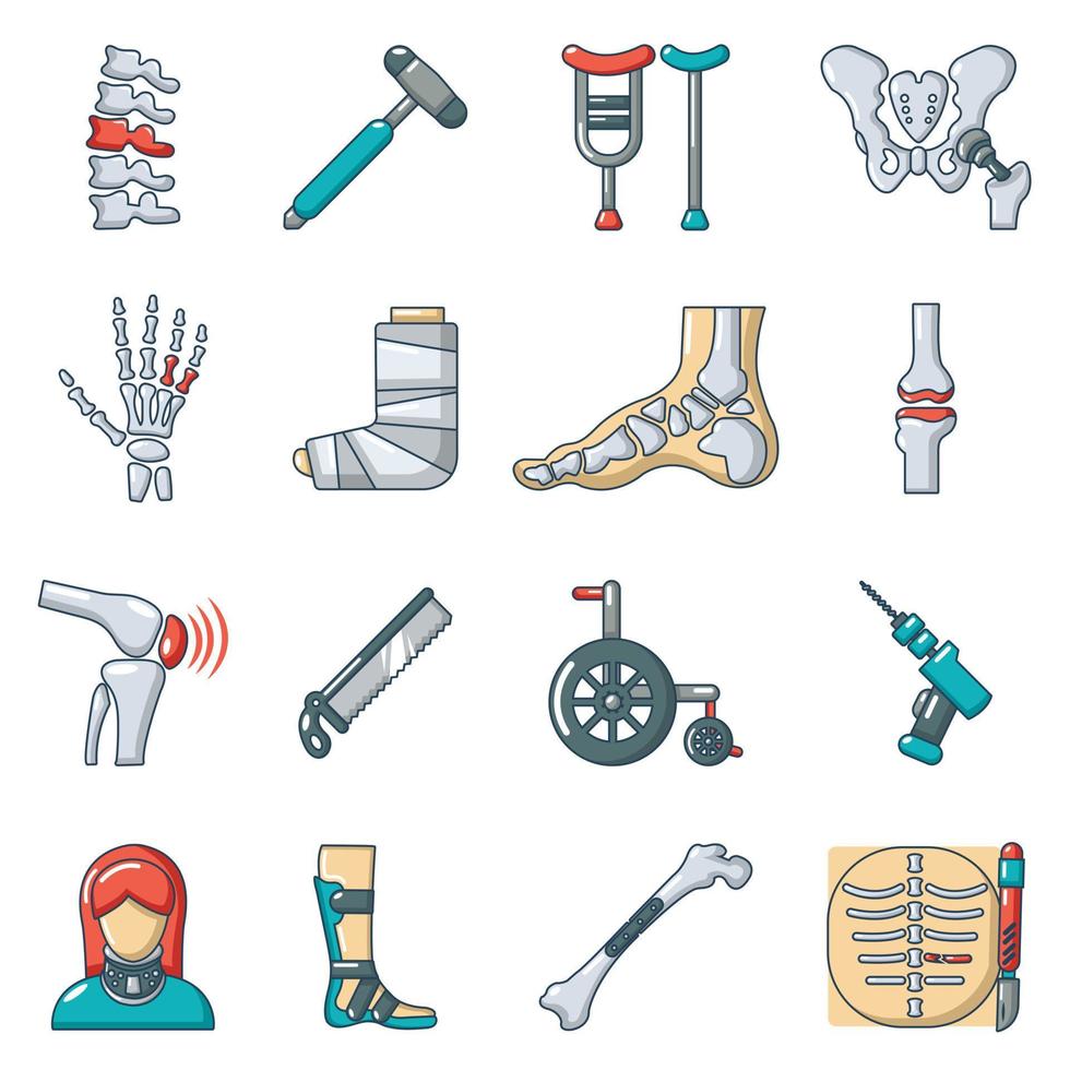conjunto de ícones de ferramentas de osso ortopedista, estilo cartoon vetor