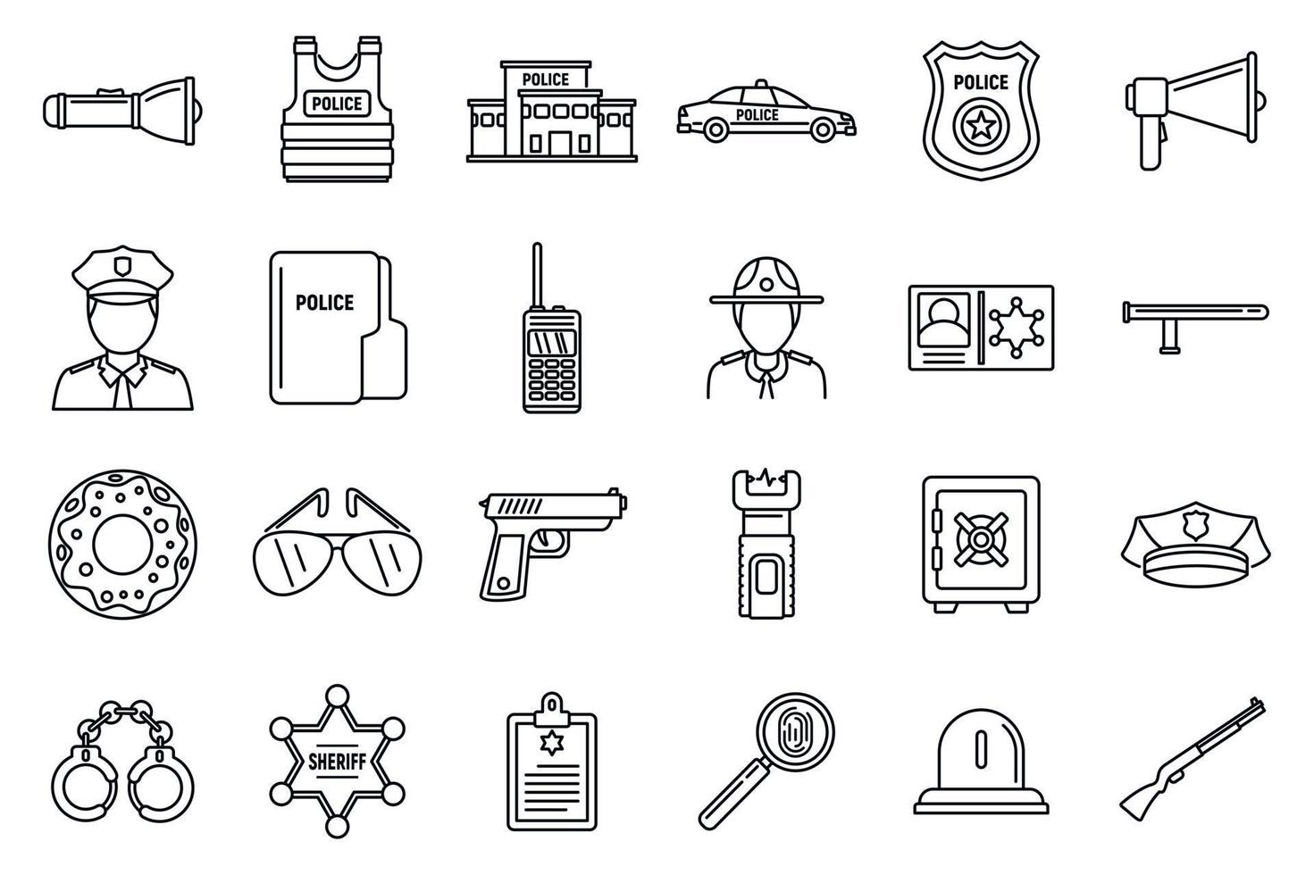 conjunto de ícones de equipamentos de delegacia de polícia, estilo de estrutura de tópicos vetor