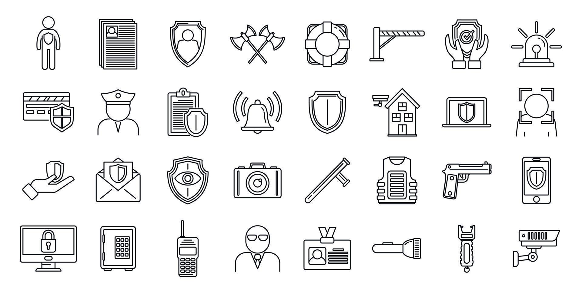 conjunto de ícones de guarda pessoal de segurança, estilo de estrutura de tópicos vetor