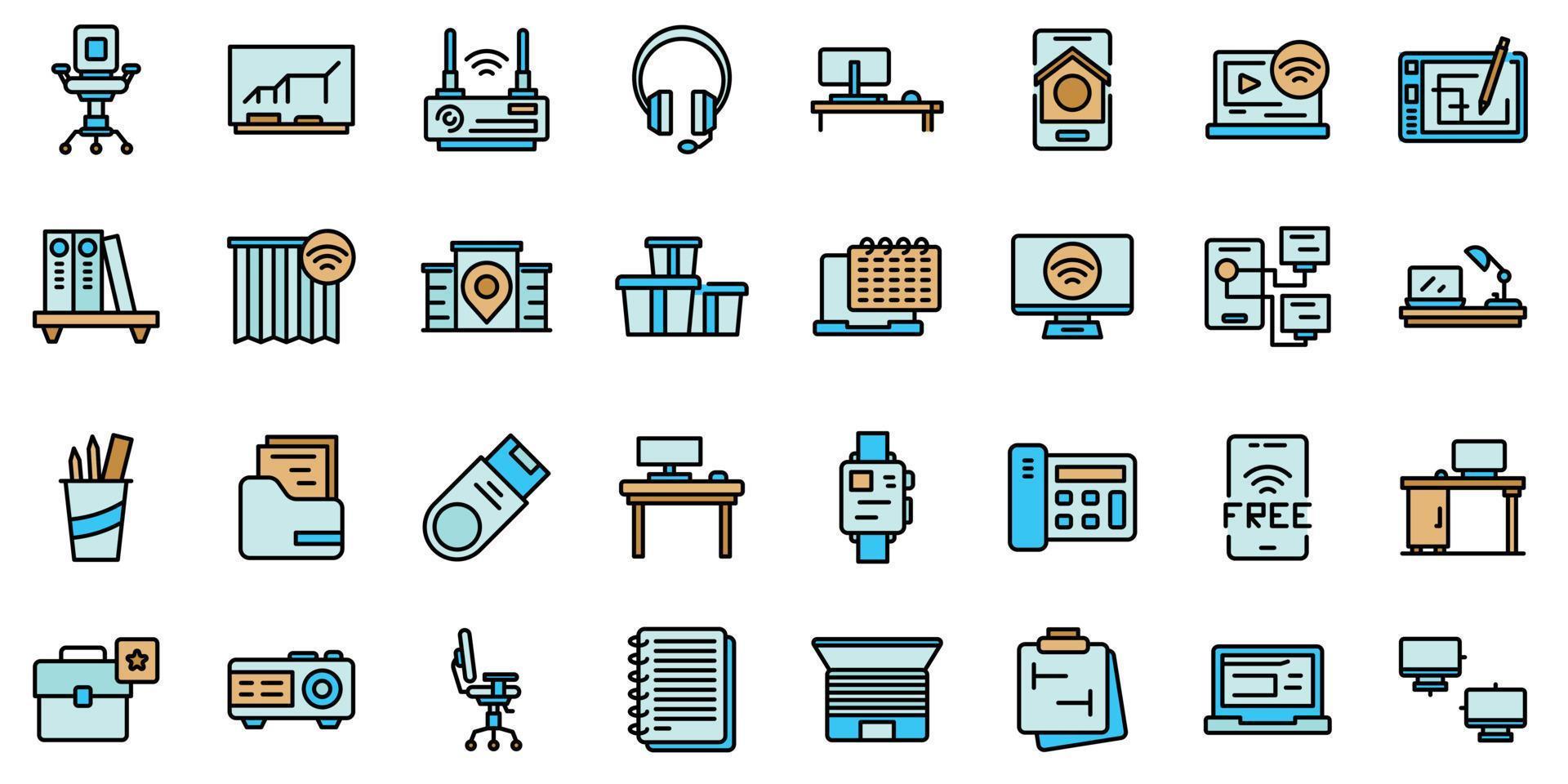 ícones de espaço de escritório inteligente definir vetor de cor de linha