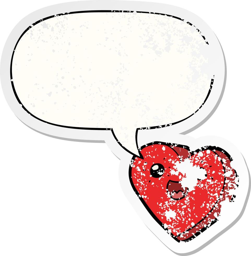 personagem de desenho animado de coração e adesivo angustiado de bolha de fala vetor