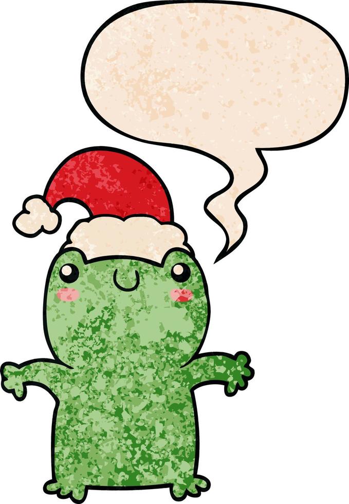 sapo bonito dos desenhos animados usando chapéu de natal e bolha de fala no estilo de textura retrô vetor