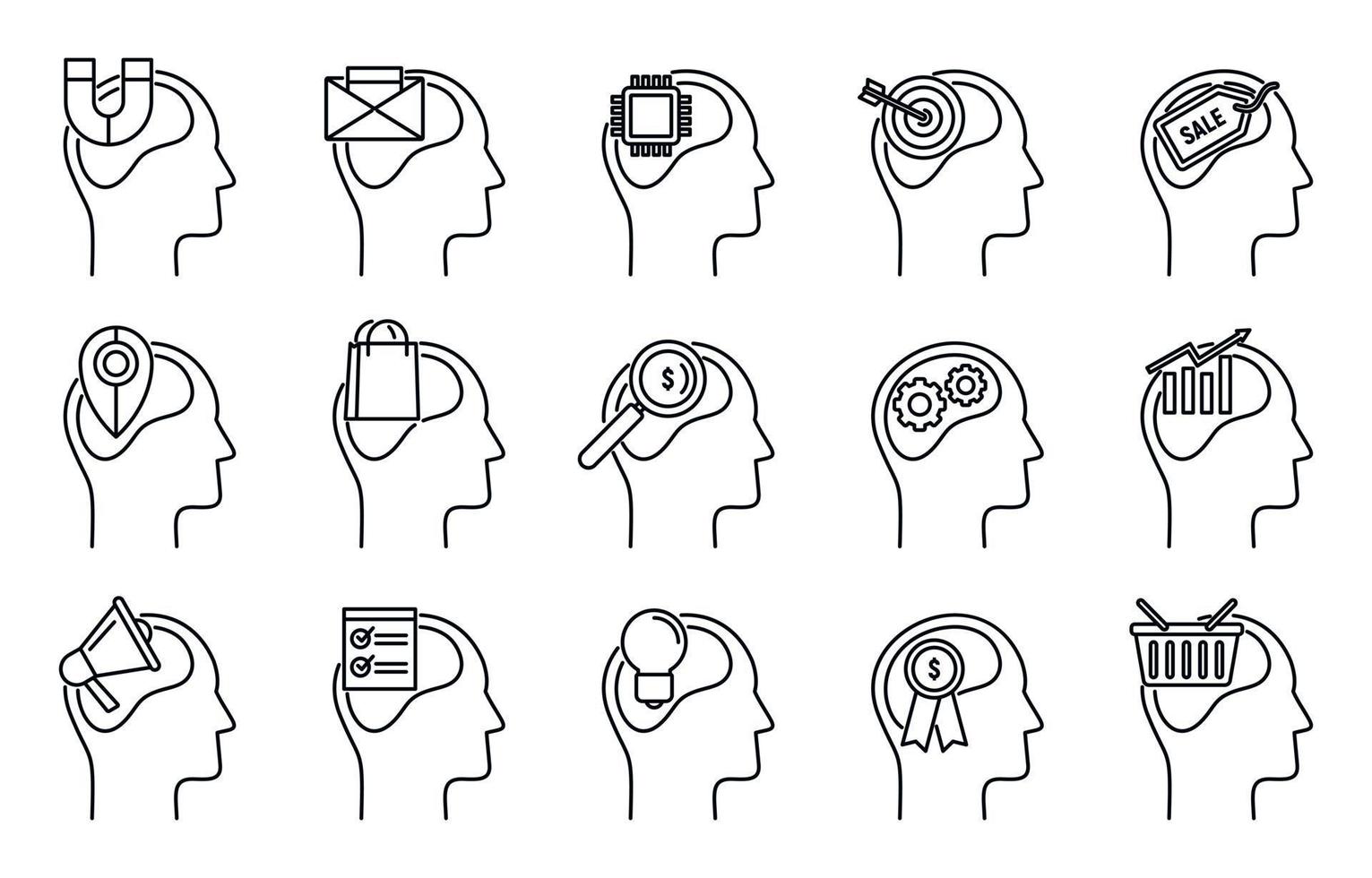 conjunto de ícones de neuromarketing emocional, estilo de estrutura de tópicos vetor