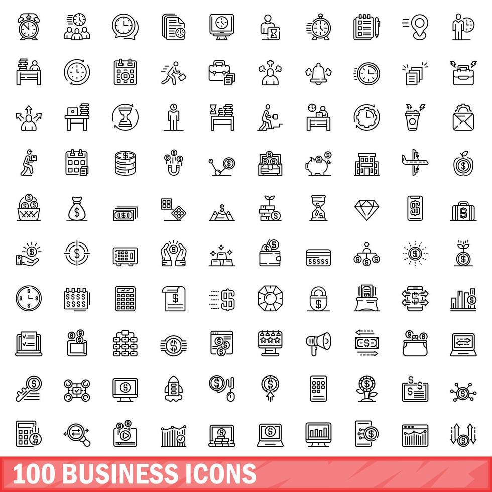 conjunto de 100 ícones de negócios, estilo de estrutura de tópicos vetor