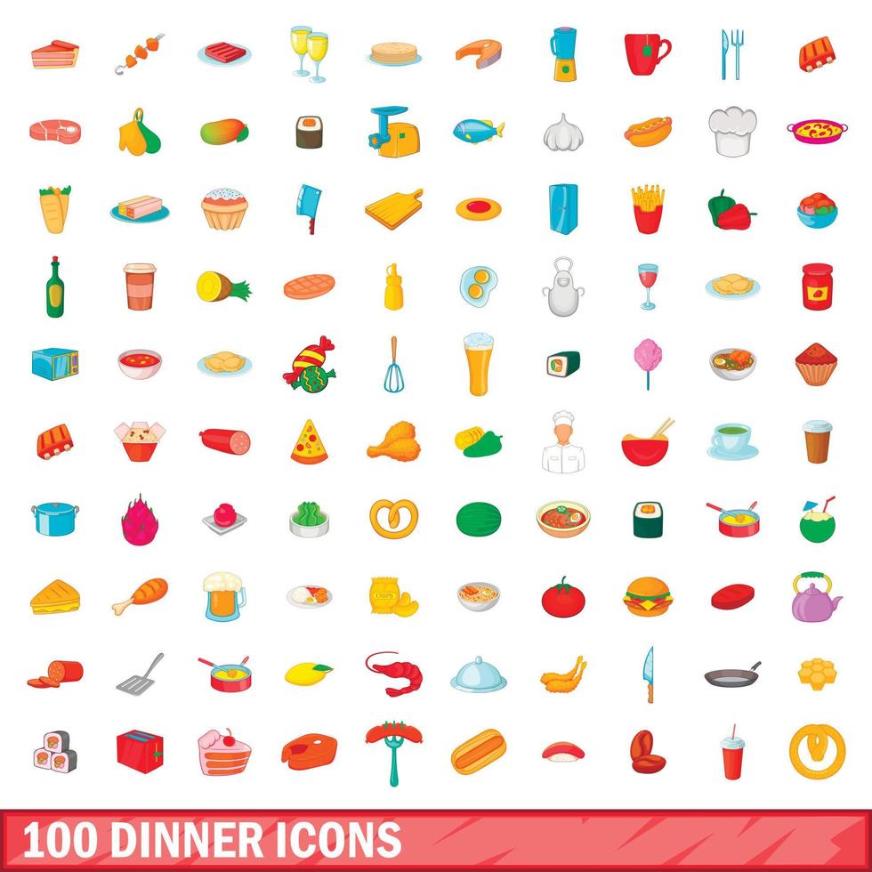 conjunto de 100 ícones de jantar, estilo cartoon vetor