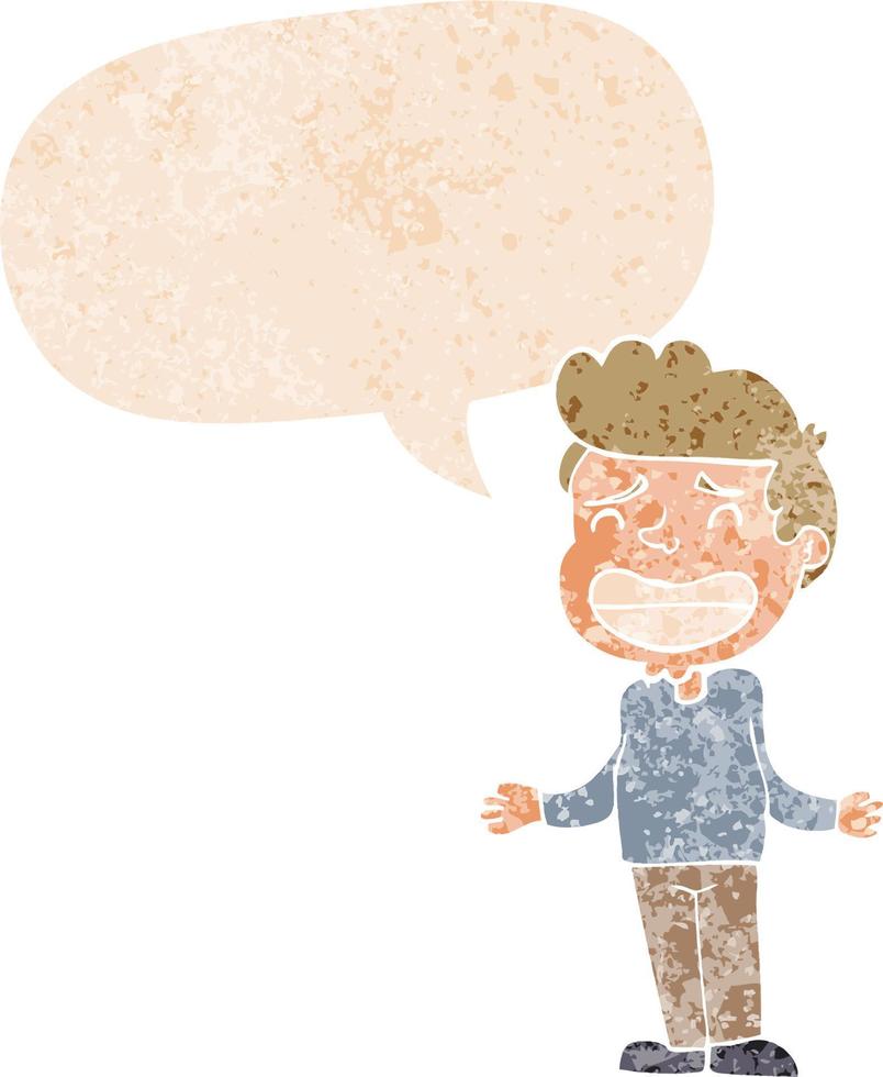 menino dos desenhos animados encolhendo os ombros e bolha de fala em estilo retrô texturizado vetor