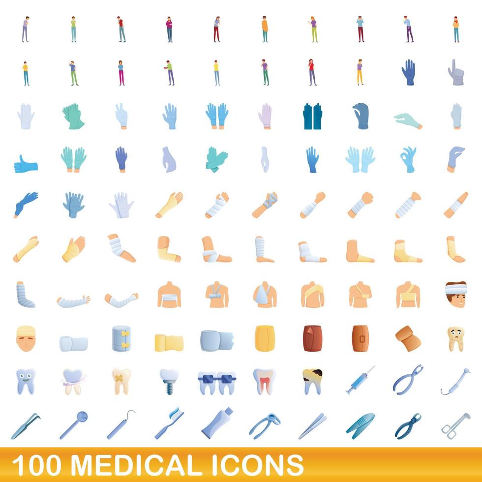 conjunto de 100 ícones médicos, estilo cartoon vetor